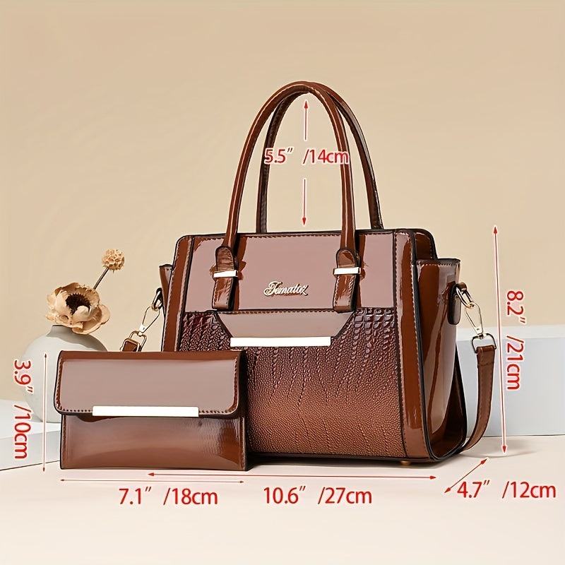 2Pcs Stylish Crocodile Print Womens Bag Set - Fashion Tote & Coin Purse - Solid Colors, Multi-layer Design for Organized Commuting