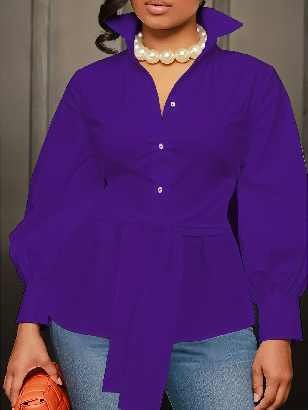 [Plus Size Solid Collar Shirt] Plus Size Solid Collared Shirt, Casual Long Sleeve Button Front Shirt, Women's Plus Size Clothing