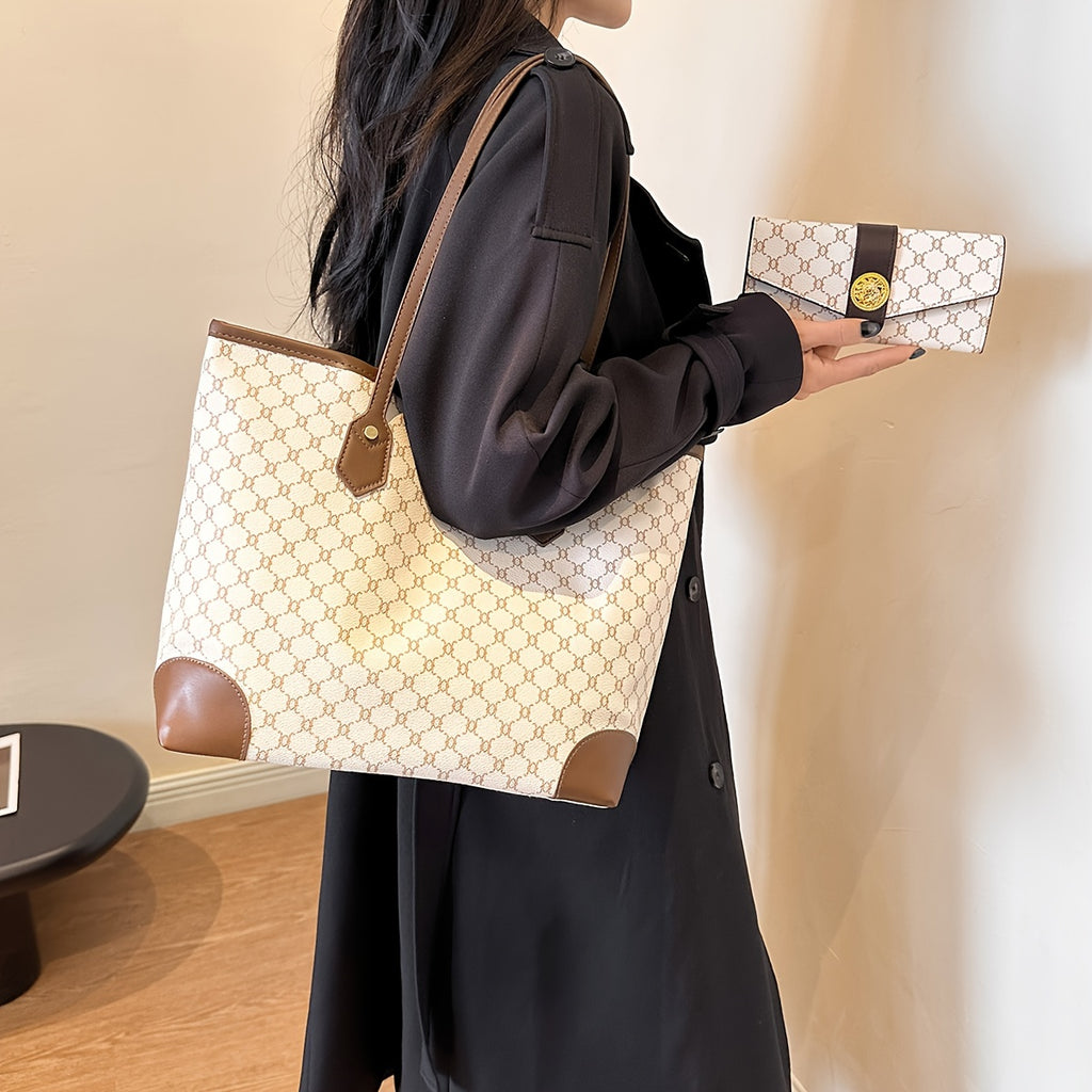 Classic Elegant Tote Shoulder Bag With Long Purse, Elegant Textured Women's Bags, New Year & Valentine's Day Gift