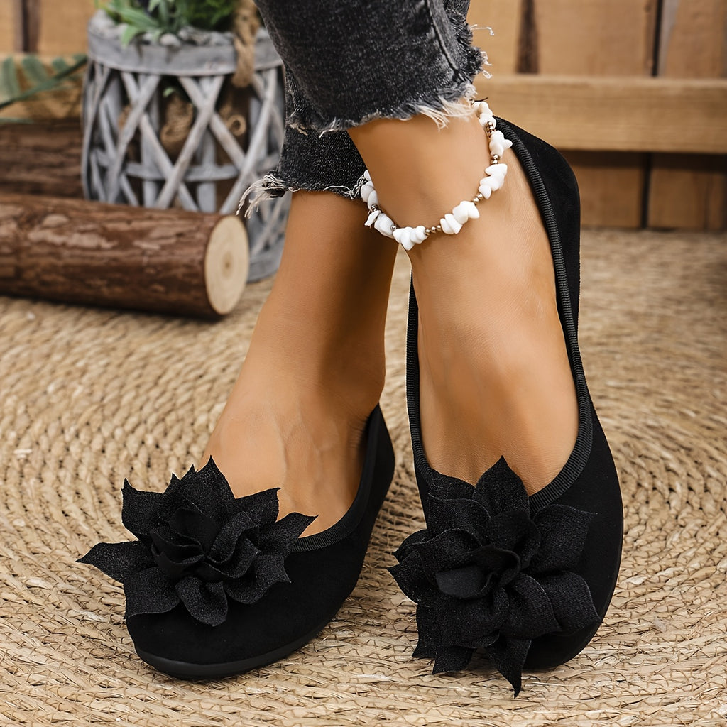Elegant Women's Black Flats with Floral Accent - Casual Slip-On Mary Jane Style, Lightweight Canvas Upper & Faux Cover Insole, Versatile All-Season Footwear, Ladies Shoes Wide Width