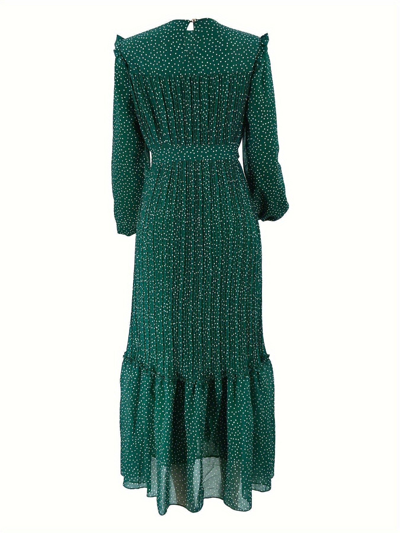 Stunning Polka Dot Maxi Dress - Elegant Crew Neck, Long Sleeve, Ruffle Hem, Keyhole Back, Modest, Polyester, Woven, Random Print, Middle East Style, All Seasons, Non-Sheer