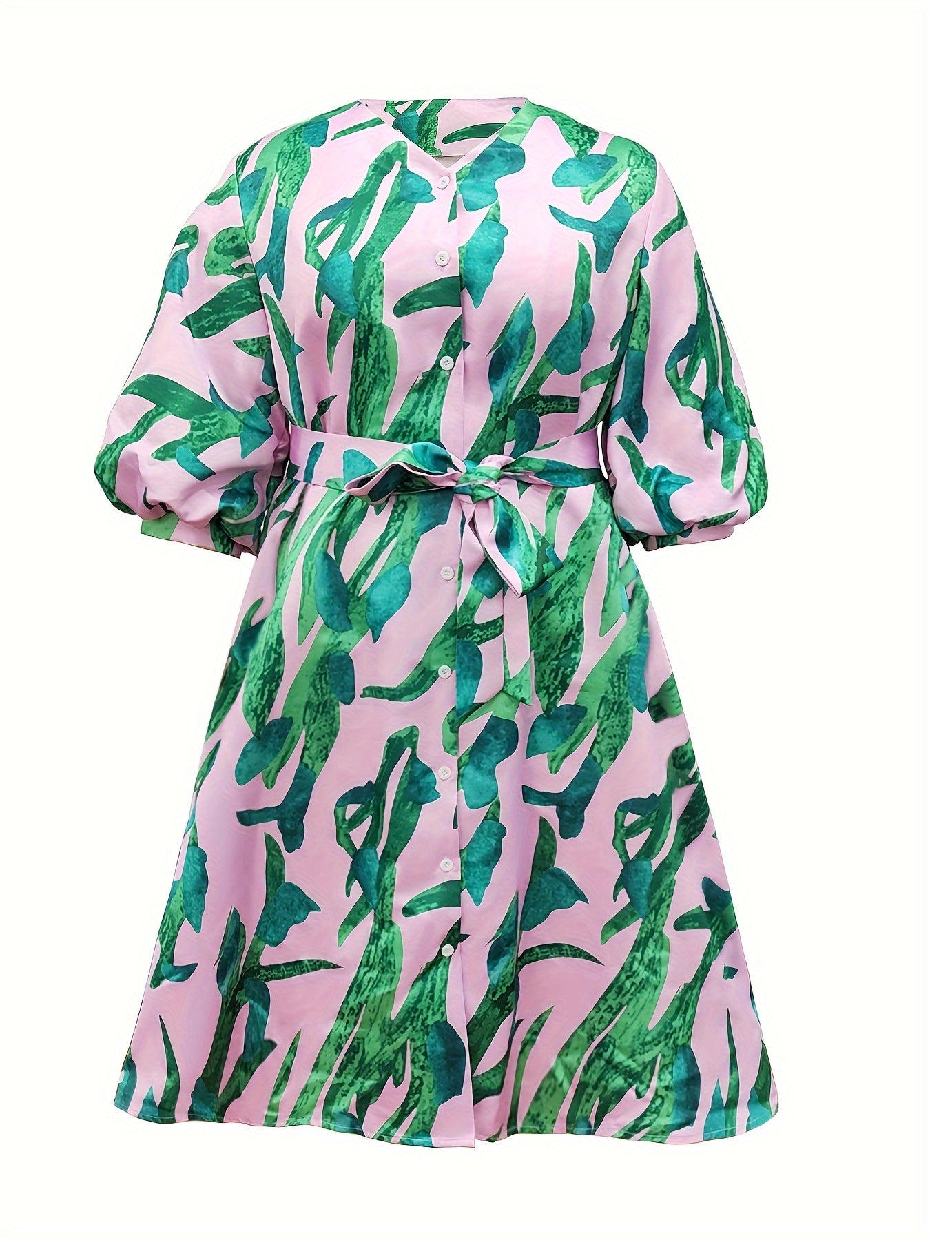 Plus Size Abstract Print Dress, Casual Half Sleeve V Neck Button Front Belted Midi Dress For Spring & Summer, Women's Plus Size Clothing