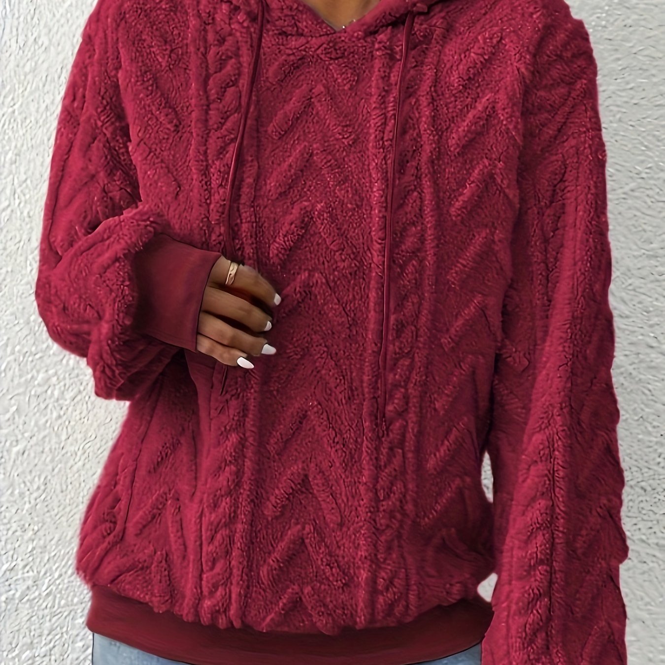 Plus Size Solid Fuzzy Hooded Sweatshirt, Casual Long Sleeve Pullover Sweatshirt, Women's Plus Size Clothing