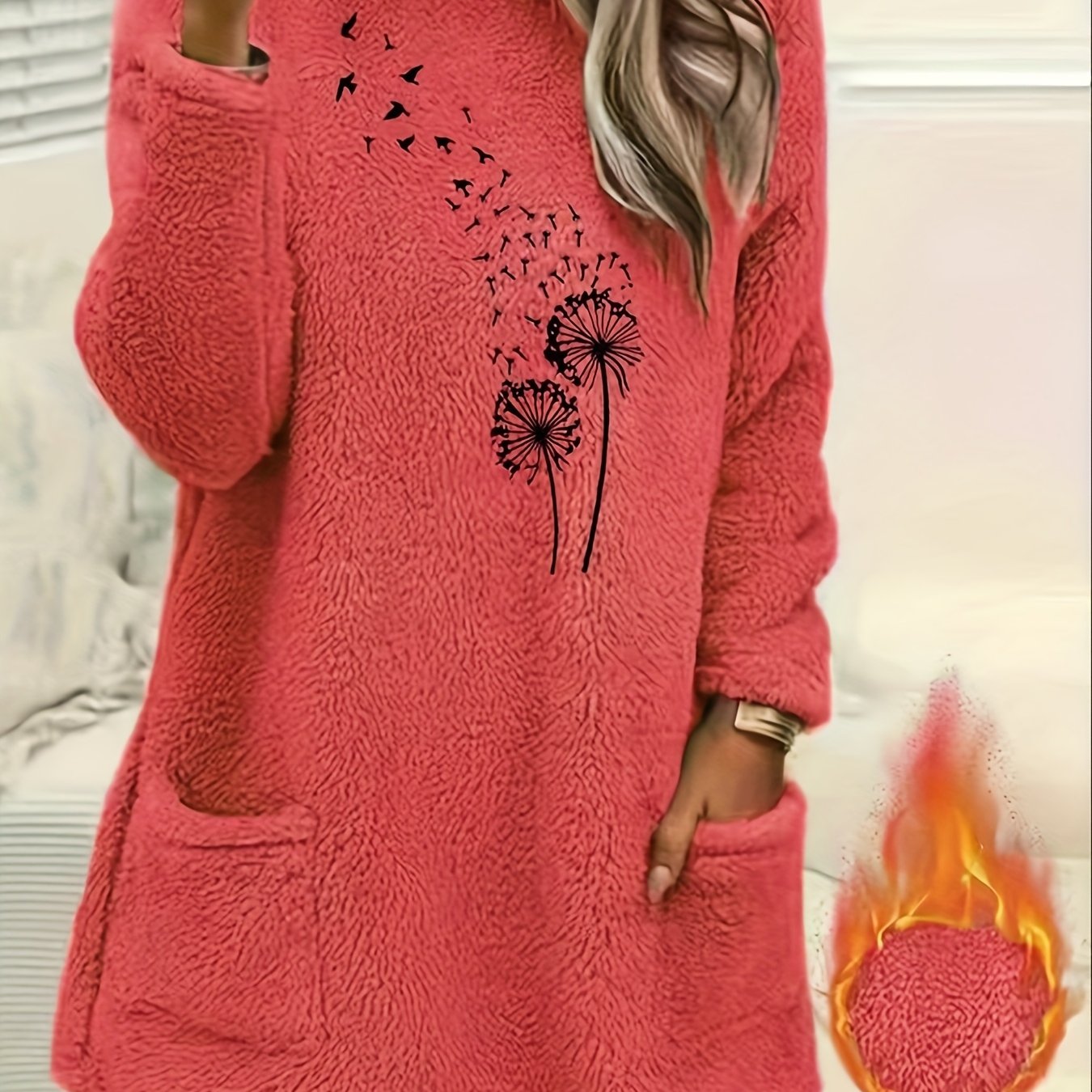 Women'S Cozy Fleece-Lined Long Sleeve Pullover Sweatshirt with Dandelion Print - Soft, Stretchy, and Casual Fall/Winter Wear, Orange, Round Neck, Regular Fit, Casual Wear|Dandelion Print Top|Stretchy Fabric, Women Jumper And