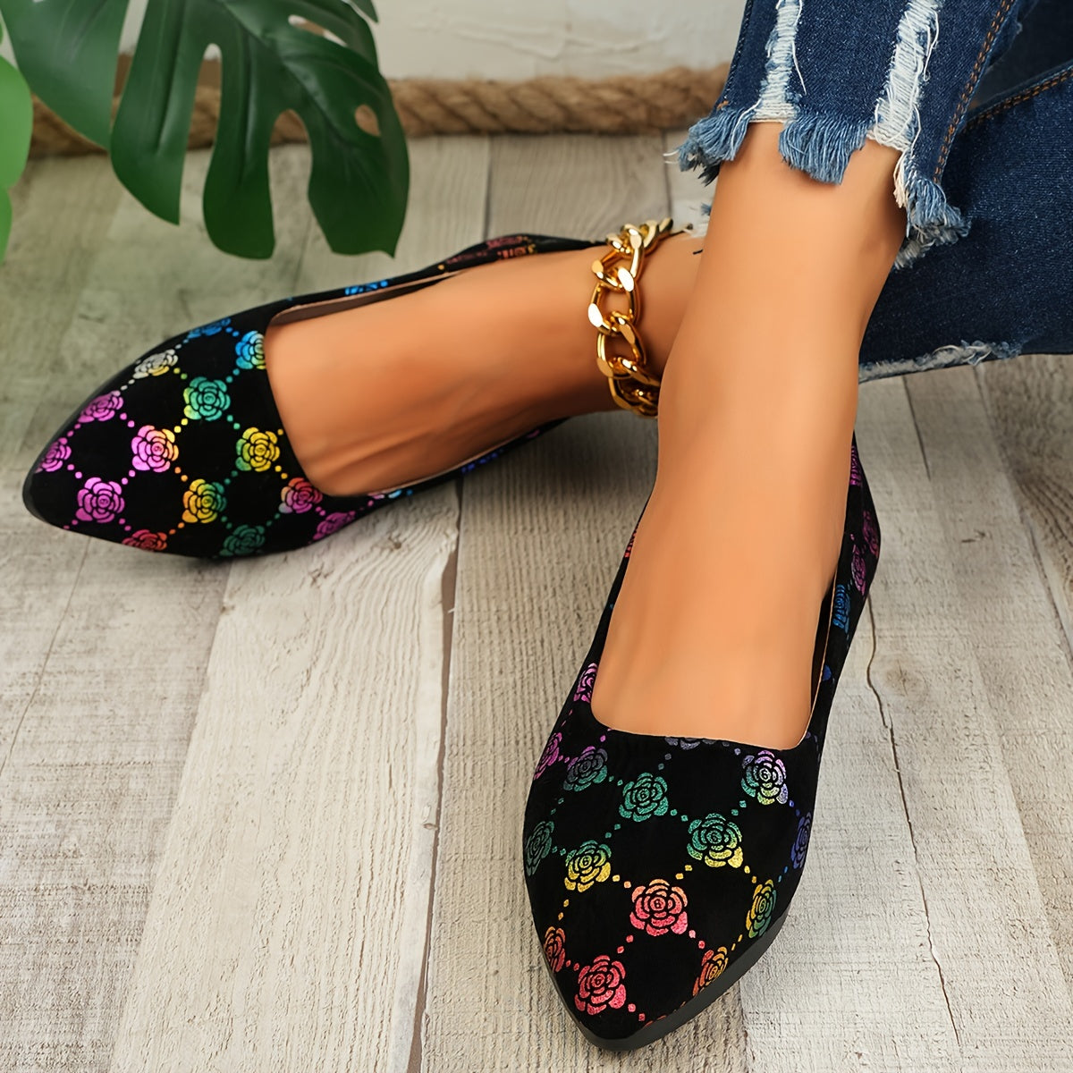 Women's Fashion Mary Jane Flats, Minimalist Floral Pattern Slip-On Shoes with Pointed Toe, Lightweight Fabric Upper, Rubber Sole, All-Season Comfort Footwear, Ladies Shoes