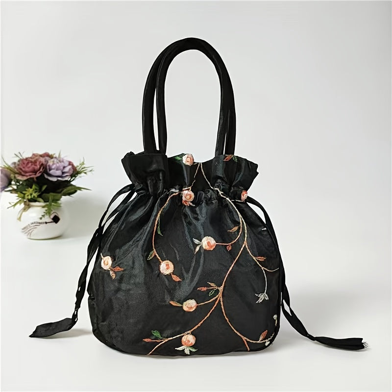 1pc Elegant Floral Clutch for Wo/Chic Drawstring Bucket Bag/Polyester Lining/Perfect for Coins & Phone/White & Pink/Cute Purse