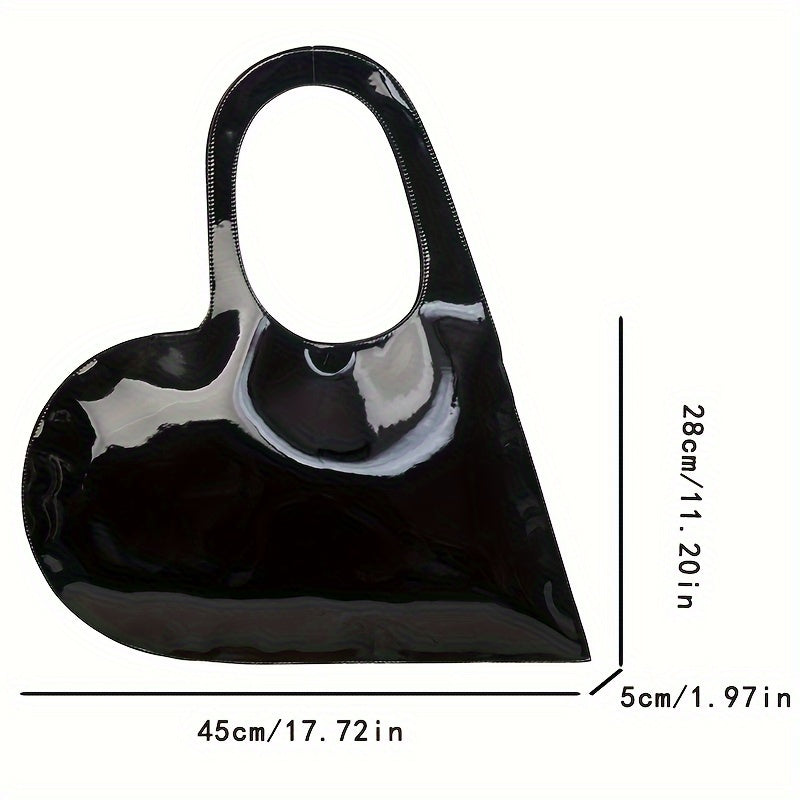 Fashionable Heart-Shaped Glossy PU Shoulder and Tote Bags for Women, Versatile for Travel, Shopping, and Everyday Use, Solid Color with Polyester Lining, Secure Buckle Closure