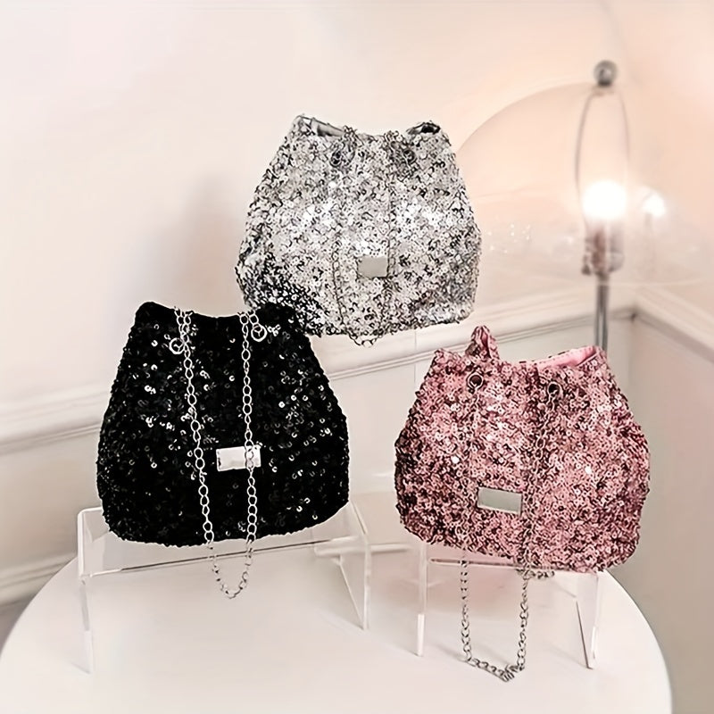 Fashion Sequins Popular Niche Design Sequin Bags Creative And Simple New Women's Bags Personality Chain Shoulder Diagonal Cross-body Bucket Bags Creative Sequin Simple Bags