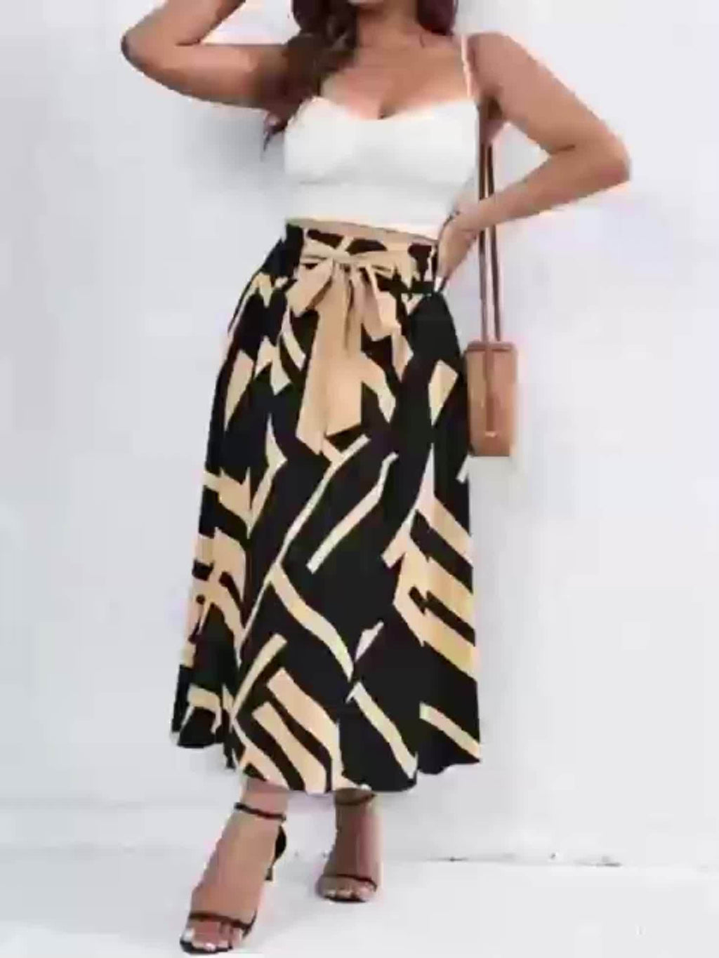 Plus Size Color Block Elastic Waist Skirt, Elegant Tie Front Skirt For Spring & Summer, Women's Plus Size Clothing