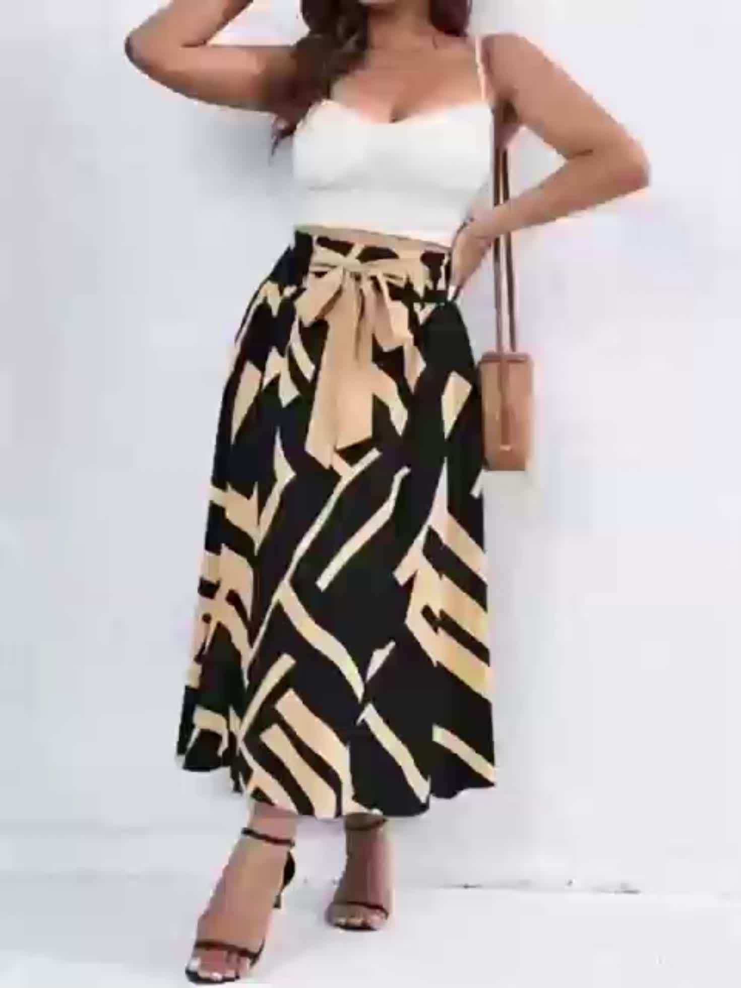 Plus Size Color Block Elastic Waist Skirt, Elegant Tie Front Skirt For Spring & Summer, Women's Plus Size Clothing
