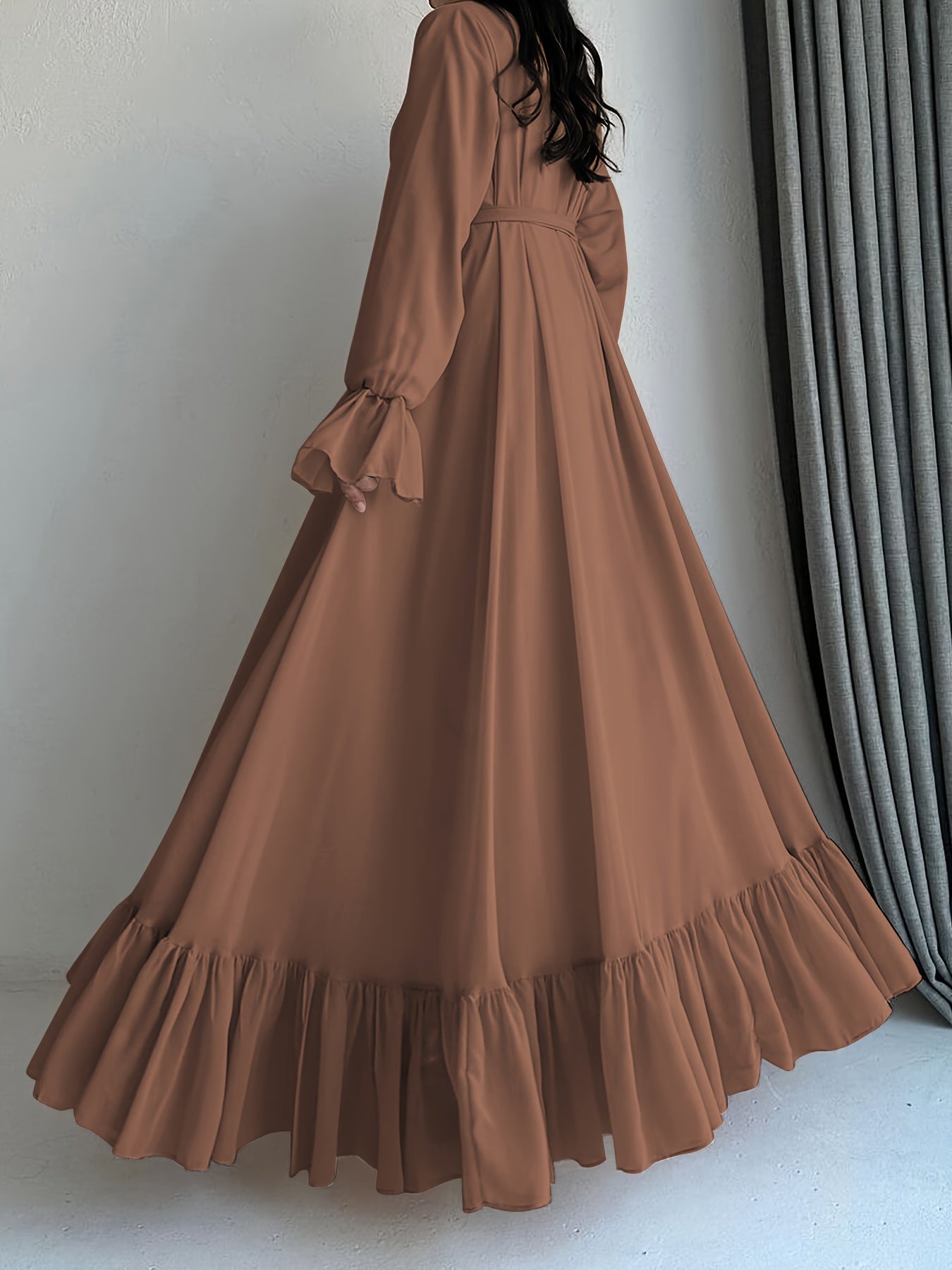 Stunning Solid Color Belted Peplum Maxi Dress - Elegant Abayas for Women with Long Sleeves, Pleated Design, and Flattering Silhouette for Spring and Fall Seasons - Chic and Modest Clothing for Ladies