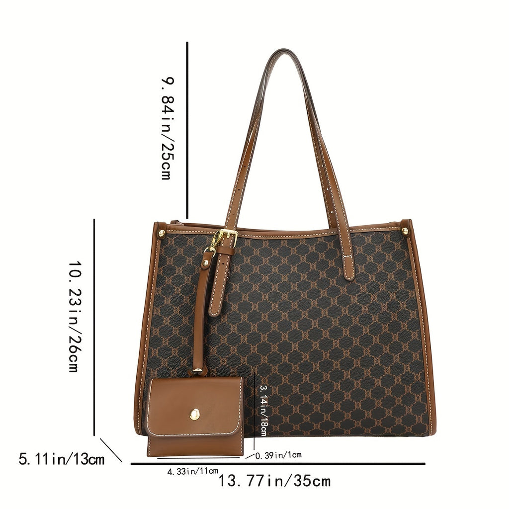 Trendy Colorblock Tote Bag, Retro Large Capacity Square Shoulder Bag With Hanging Mini Purse For Women