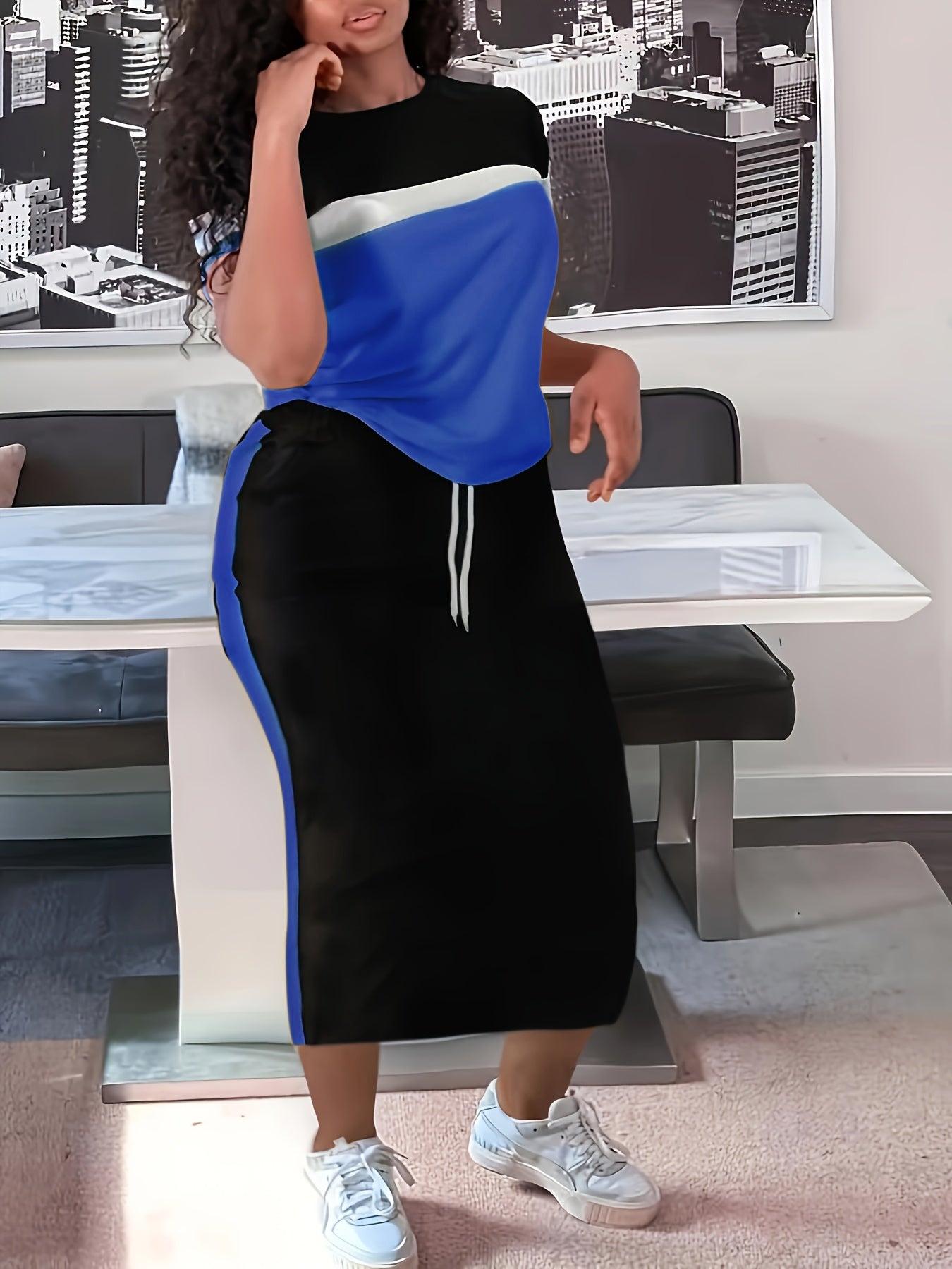Plus Size Two-Piece Skirt Set - Crew Neck Short Sleeve Top & Drawstring Skirt Outfit with Slight Stretch, Solid Color, Knit Fabric - Comfortable, Casual, and Chic Womens Plus Size Clothing for Everyday Wear