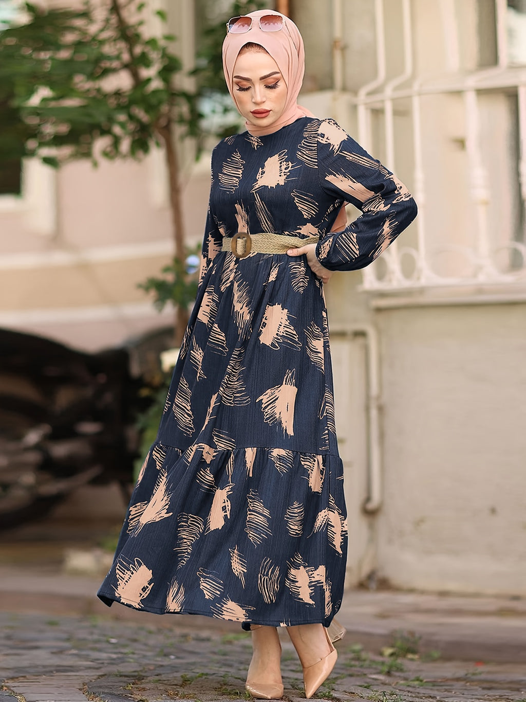 Ramadan All Over Print Crew Neck Kaftan, Casual Long Sleeve Maxi Dress, Women's Clothing