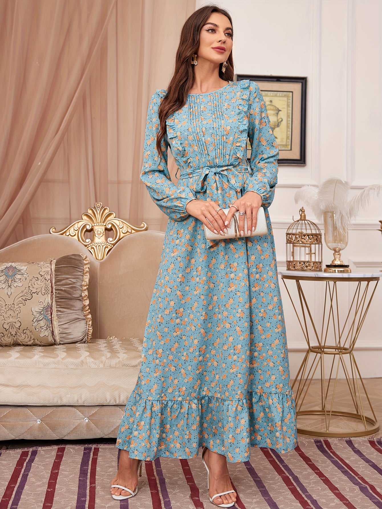 Floral Print Ruffle Hem Dress, Elegant Tucked Long Sleeve Belted Maxi Dress For Spring & Fall, Women's Clothing