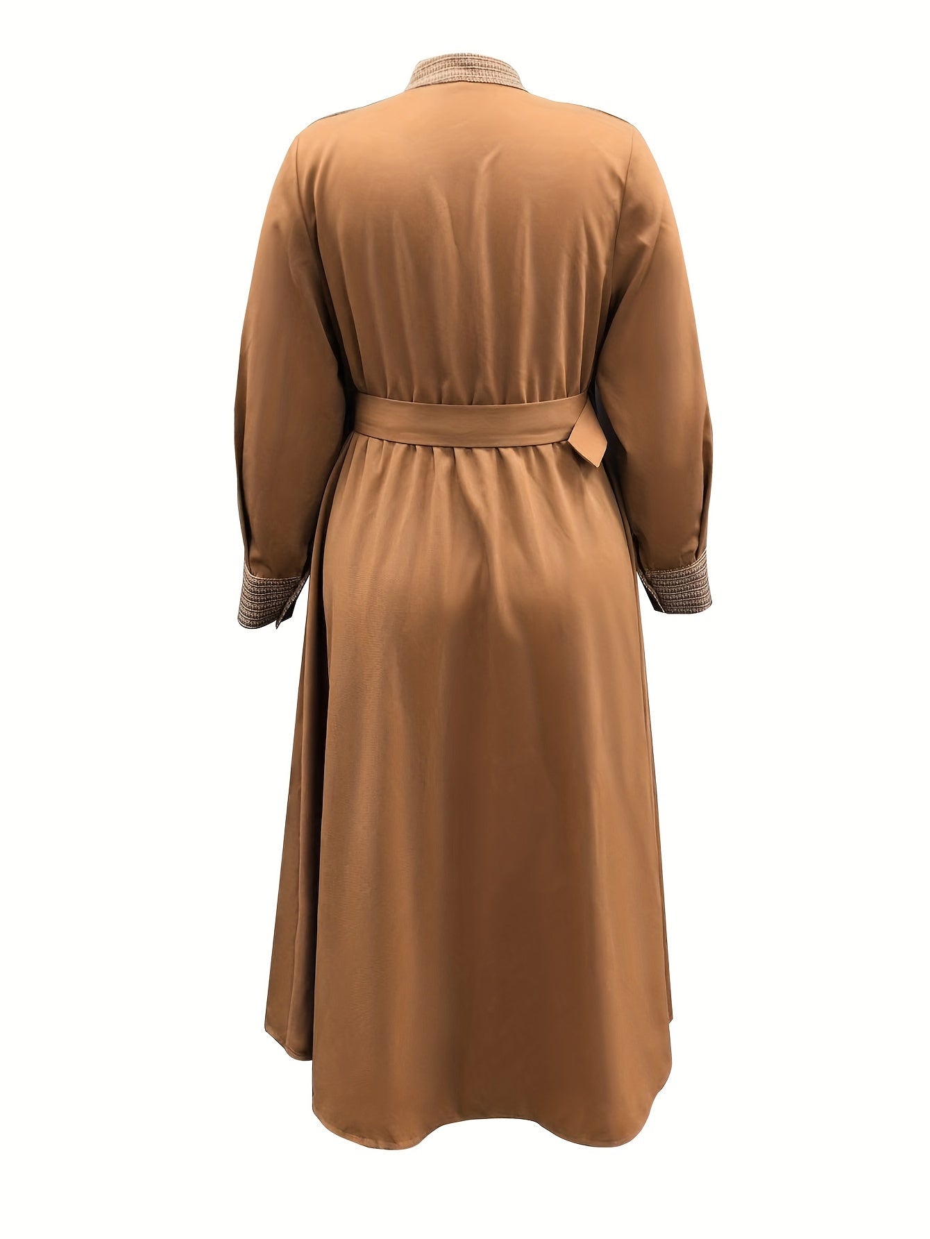 Plus Size Elegant Midi Dress - Solid Color Splicing, Long Sleeve, Mock Neck, Breast Pockets, Belted, Epaulets, Flattering Silhouette, Comfortable Wear - Women's Plus Size Clothing for Special Occasions