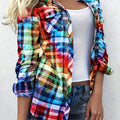Plus Size Ombre Plaid Button Front Shirt, Casual Flap Pocket Long Sleeve Shirt For Spring & Fall, Women's Plus Size Clothing