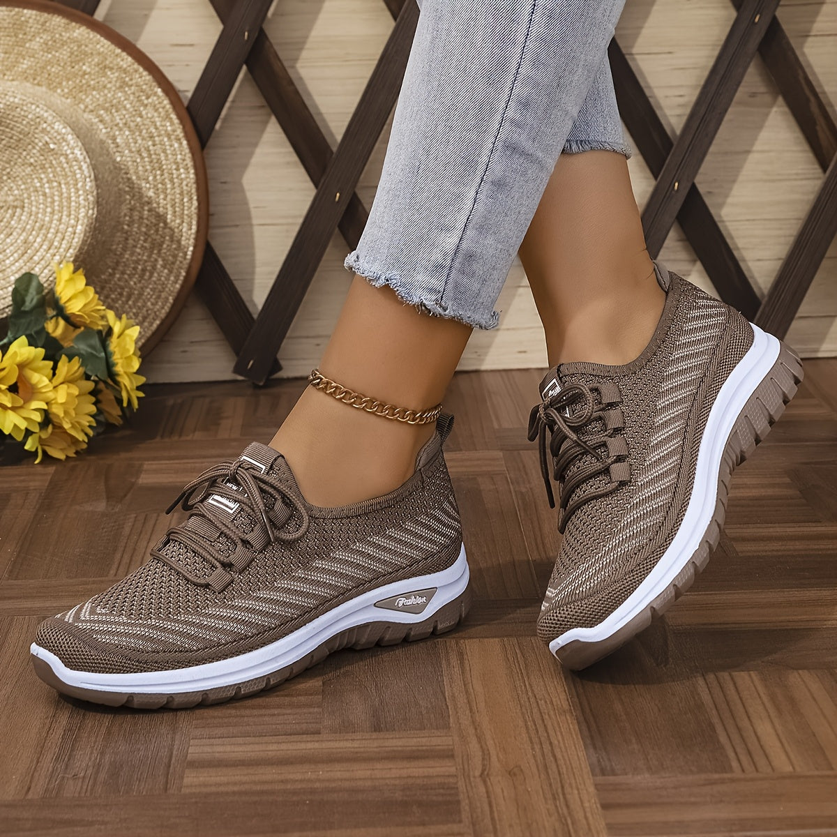 Women'S Breathable Casual Sports Shoes, Knitted Striped Pattern Lace-Up Comfortable Travel Sneakers, Outdoor Anti-Slip Lightweight Walking Beach Vacation Tennis Shoes, Women'S Sneaker, High Cut Shoe Without Lace, Aerobics Dan