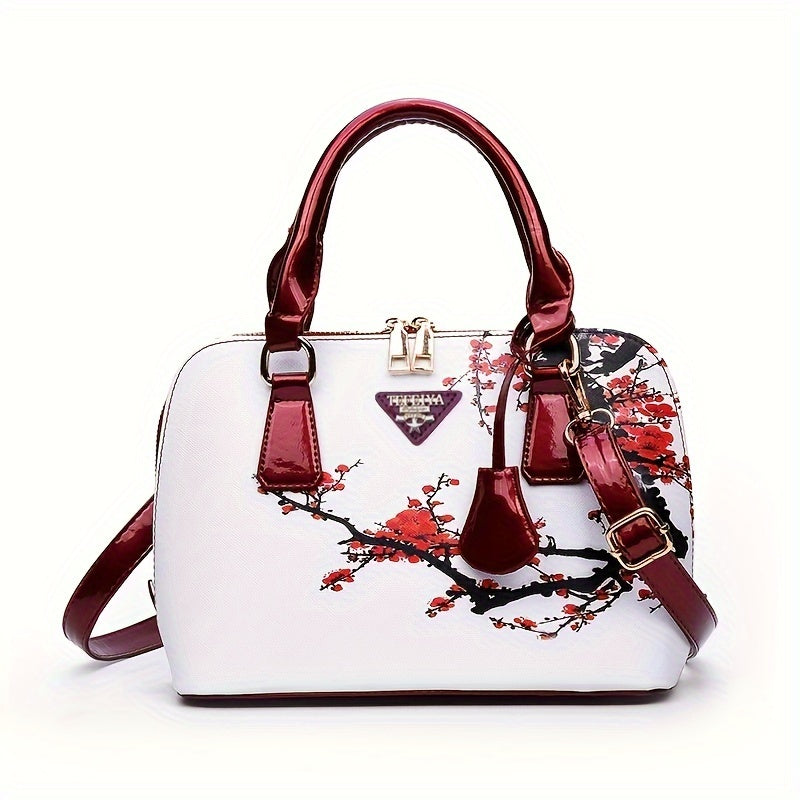 Stylish Floral Print Boston Bag - Spacious Top Handle Crossbody Handbag with Adjustable Shoulder Strap, Elegant Women's Fashion Purse for Daily Use