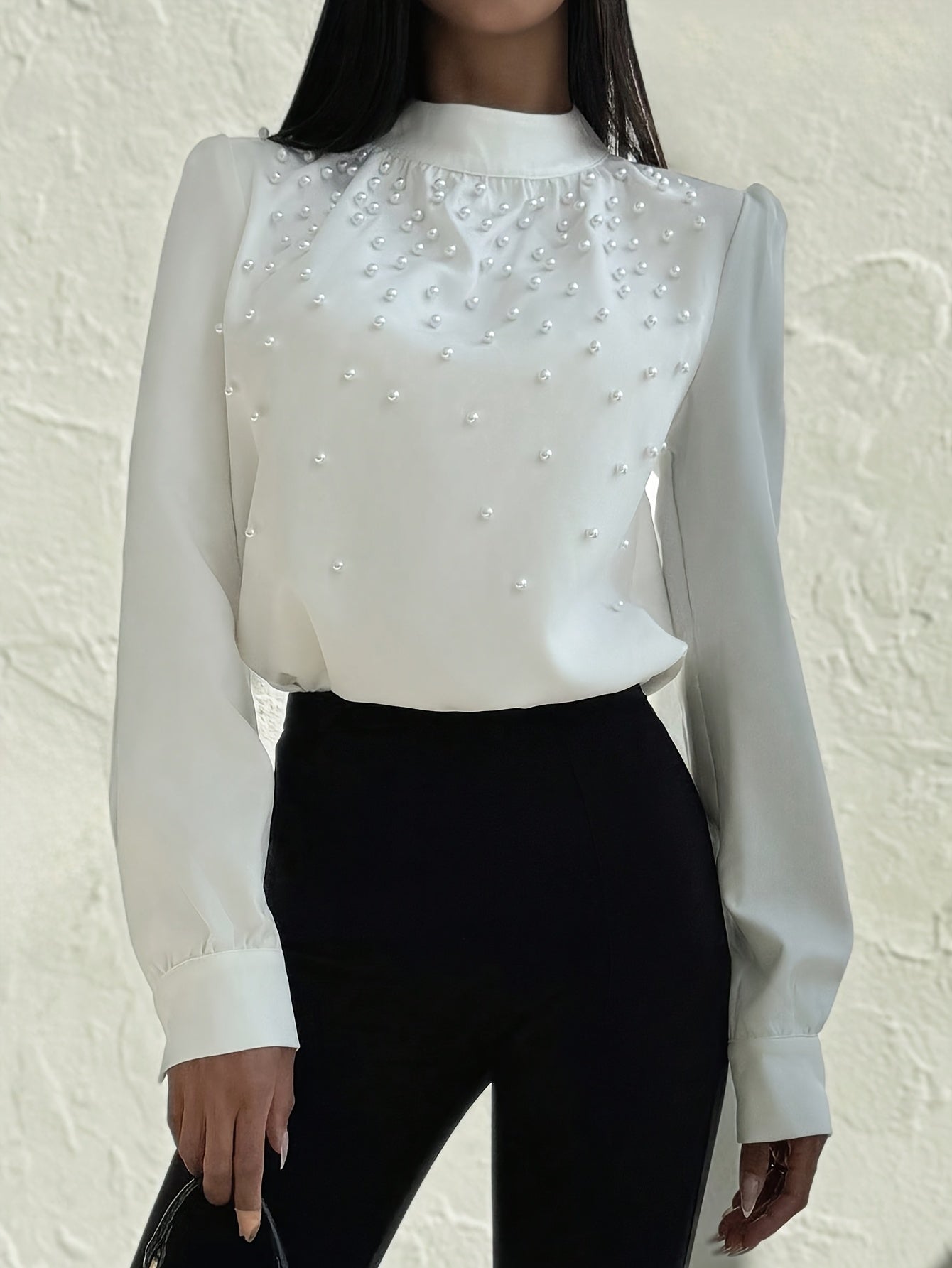 Women's Elegant -Adorned Collar Blouse - Long Sleeve White Shirt with Bead Button Front, Structured Stand Collar & Machine Washable Jacket-like Top for Weddings, Office, Parties (Spring/Fall) - Non-Stretch Adult Clothing, Blo