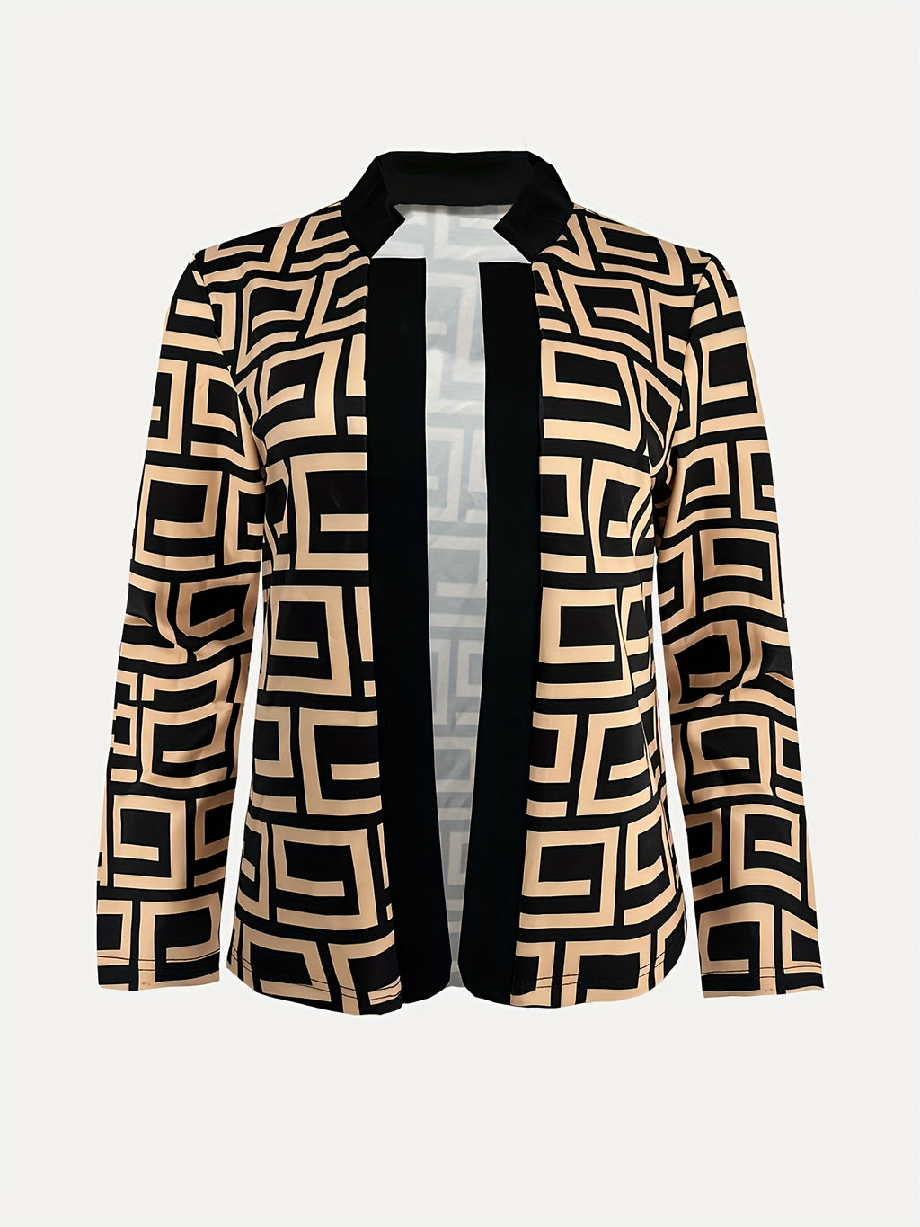 Plus Size Geometric Print Blazer, Casual Open Front Long Sleeve Blazer, Women's Plus Size Clothing