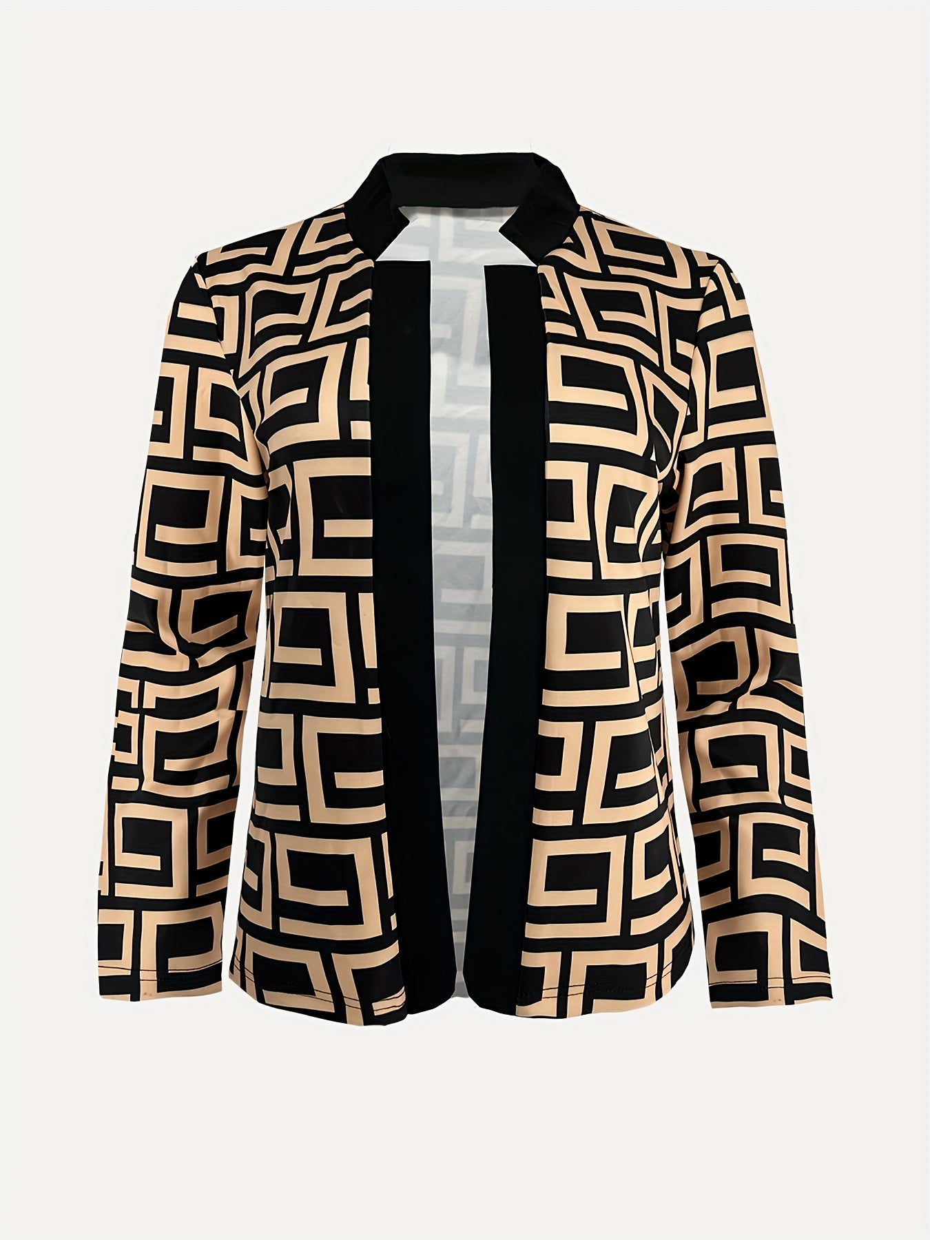 Plus Size Geometric Print Blazer, Casual Open Front Long Sleeve Blazer, Women's Plus Size Clothing