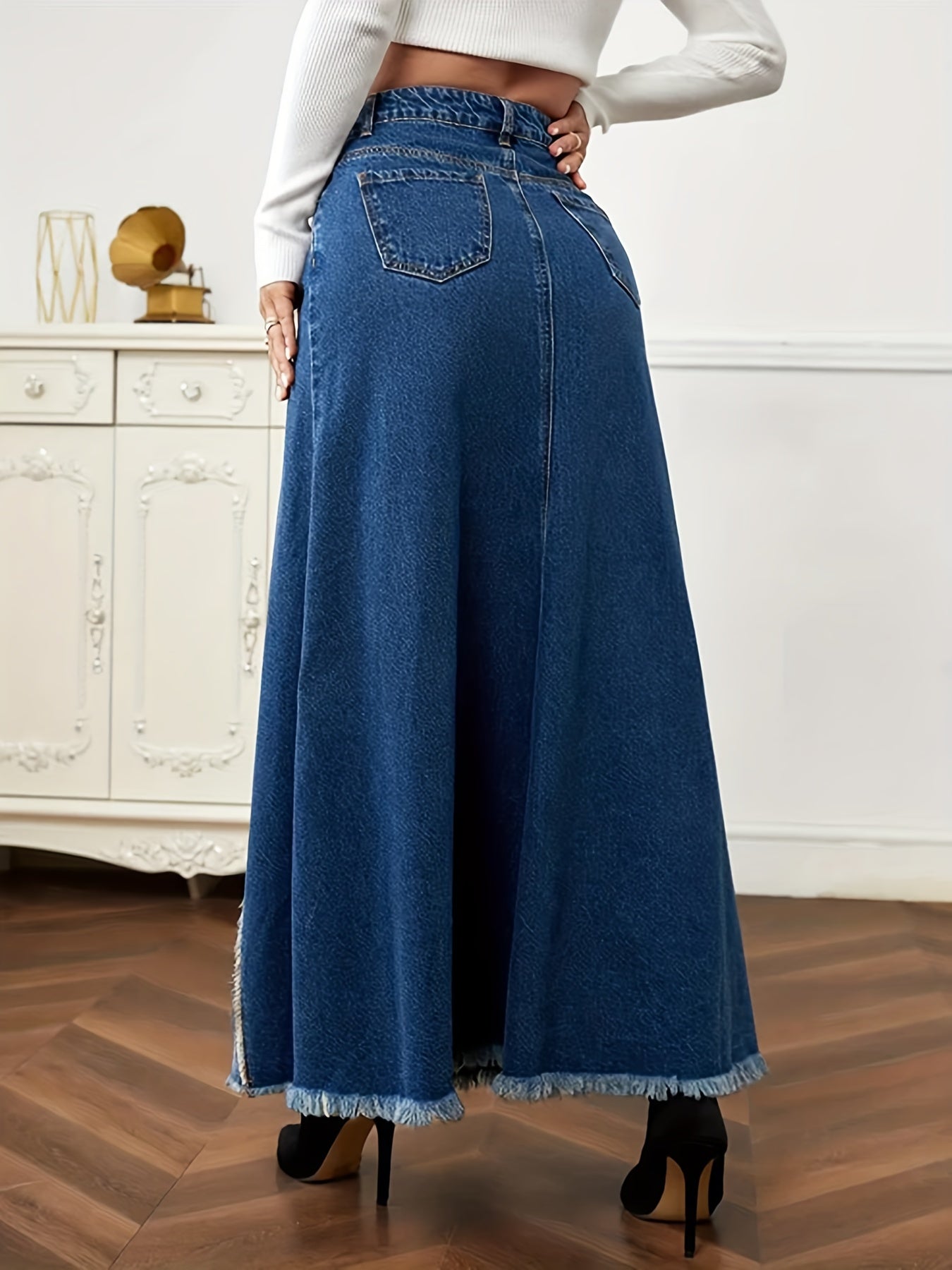Two Tone Patchwork Denim Midi Skirt, Frayed Hem Slant Pockets Chic Denim Skirt, Women's Denim Clothing