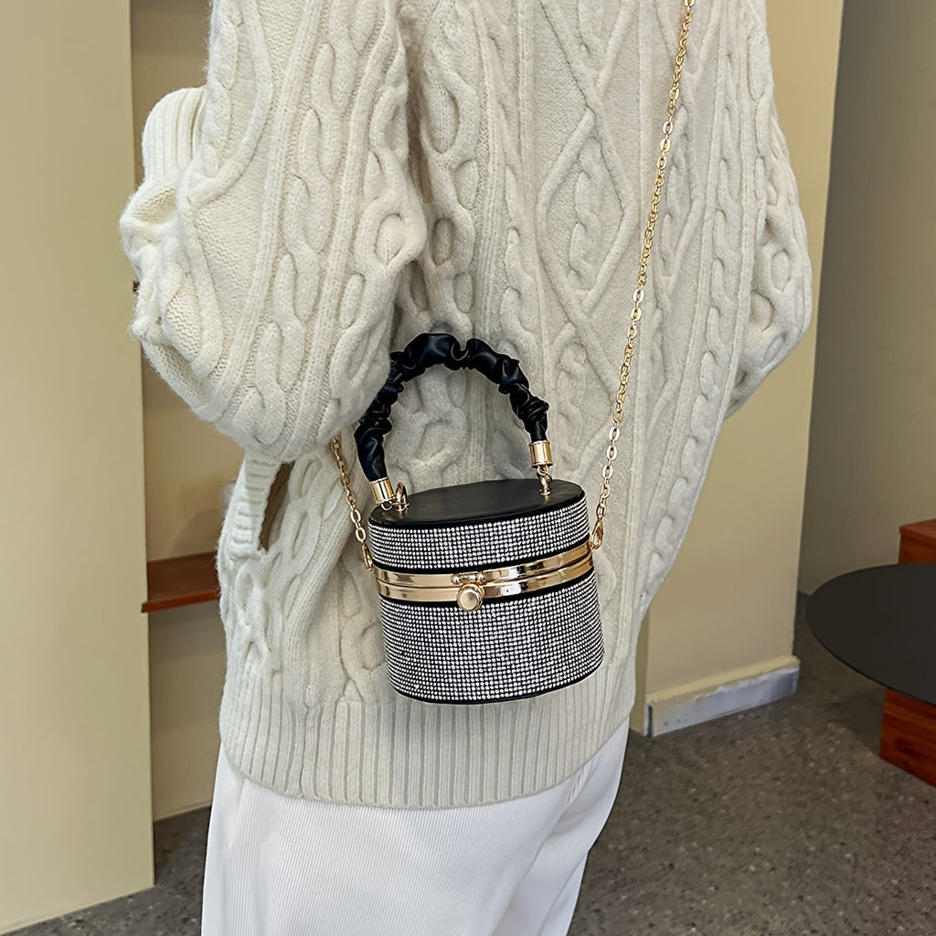 Mini Allover Rhinestone Handbag, Ruched Detail Evening Bucket Bag, Stylish Chain Shoulder Purse For Party (3.9*4.7*4.7) Inch - Rhinestone & Chain Detail - Perfect for Evening Events & Parties - Ideal Gift for Women -  For Car