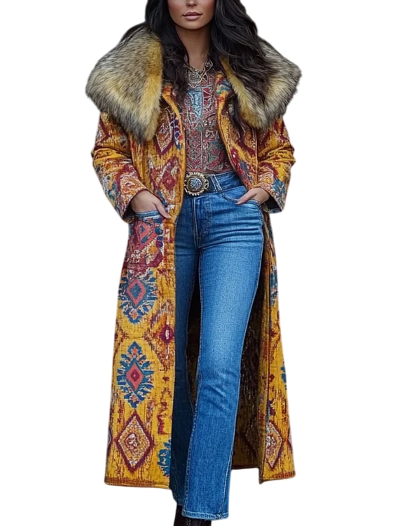 Women'S Elegant Western Style Floral Print Jacket with Large Faux Fur Collar - All-Season Warm Long Coat, Button Front Closure & Vibrant Multicolor Design (Turquoise/Red/Orange/Yellow/Pink) for Casual & Formal Outfits - Durab