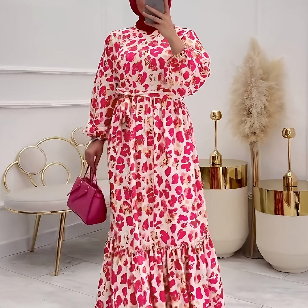 Women's Elegant Maxi Dress: Allover Print Crew Neck A-line Long Lantern Sleeve Tie Waist Ruffle Hem Dress for Spring & Fall