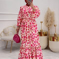 Women's Elegant Maxi Dress: Allover Print Crew Neck A-line Long Lantern Sleeve Tie Waist Ruffle Hem Dress for Spring & Fall