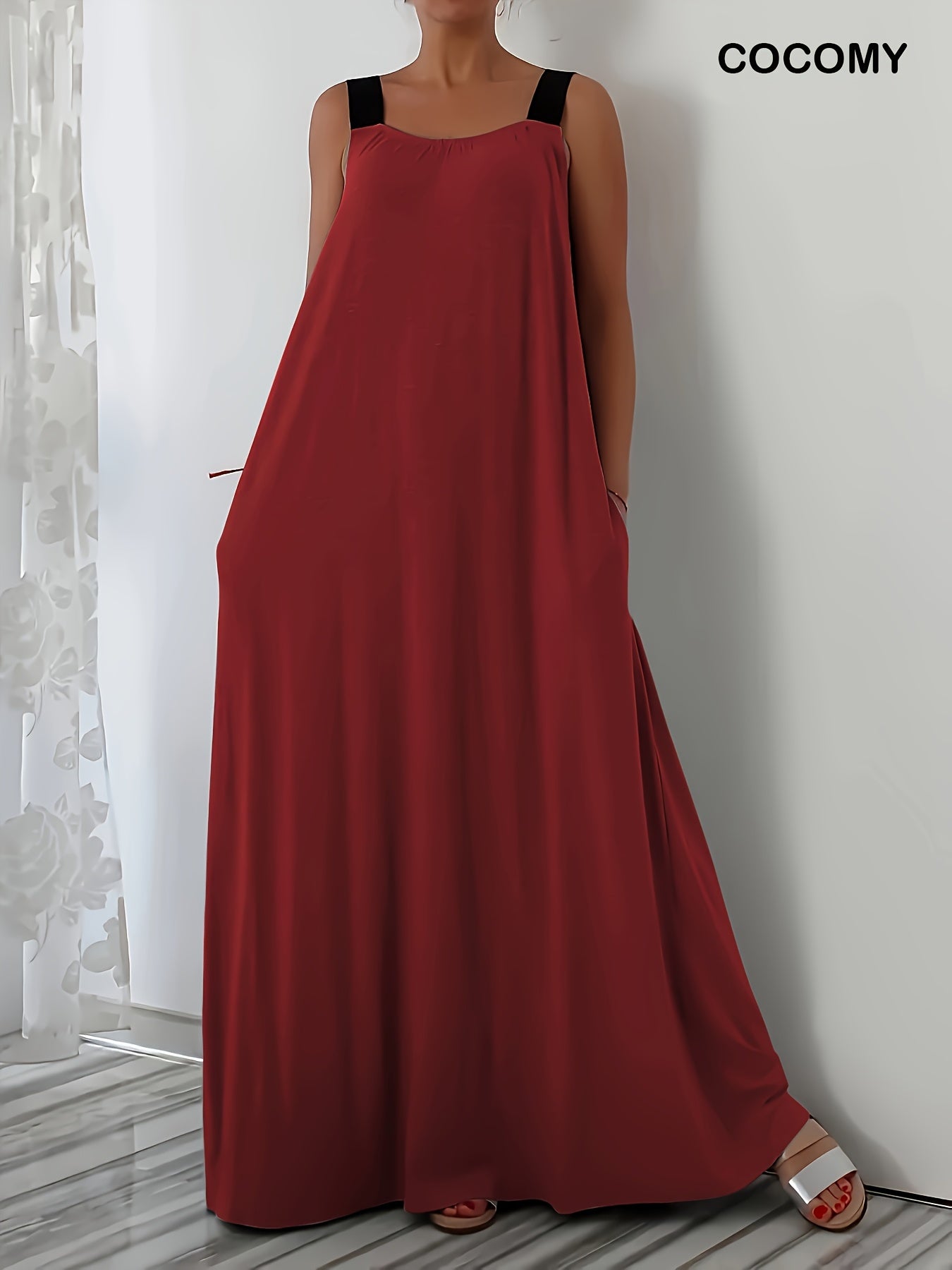 Plus Size Sleeveless Red Maxi Dress with Pockets - Elegant Square Neck, Loose Fit, Lightweight Fabric for Spring/Summer, Casual Weekend Attire, Casual Attire|Square Neckline|Stretchy Fabric
