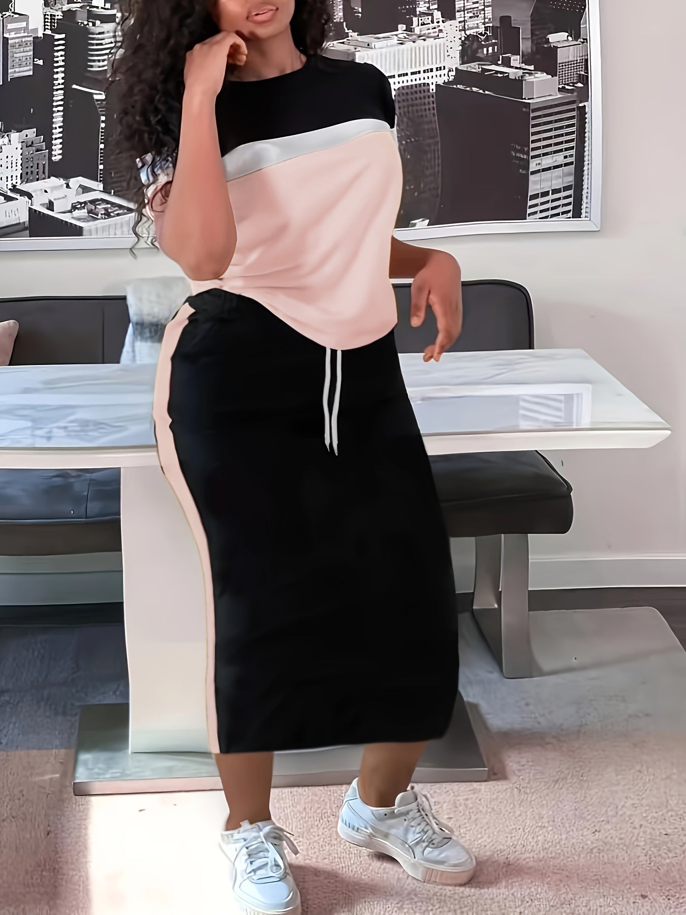 Plus Size Two-Piece Skirt Set - Crew Neck Short Sleeve Top & Drawstring Skirt Outfit with Slight Stretch, Solid Color, Knit Fabric - Comfortable, Casual, and Chic Womens Plus Size Clothing for Everyday Wear