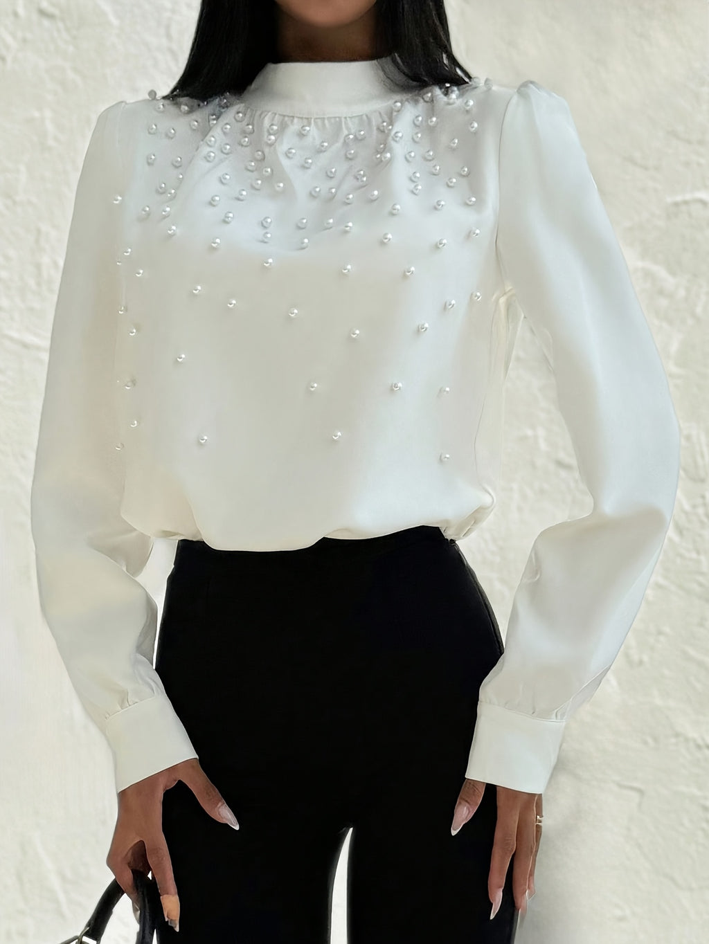 Women's Elegant -Adorned Collar Blouse - Long Sleeve White Shirt with Bead Button Front, Structured Stand Collar & Machine Washable Jacket-like Top for Weddings, Office, Parties (Spring/Fall) - Non-Stretch Adult Clothing, Blo