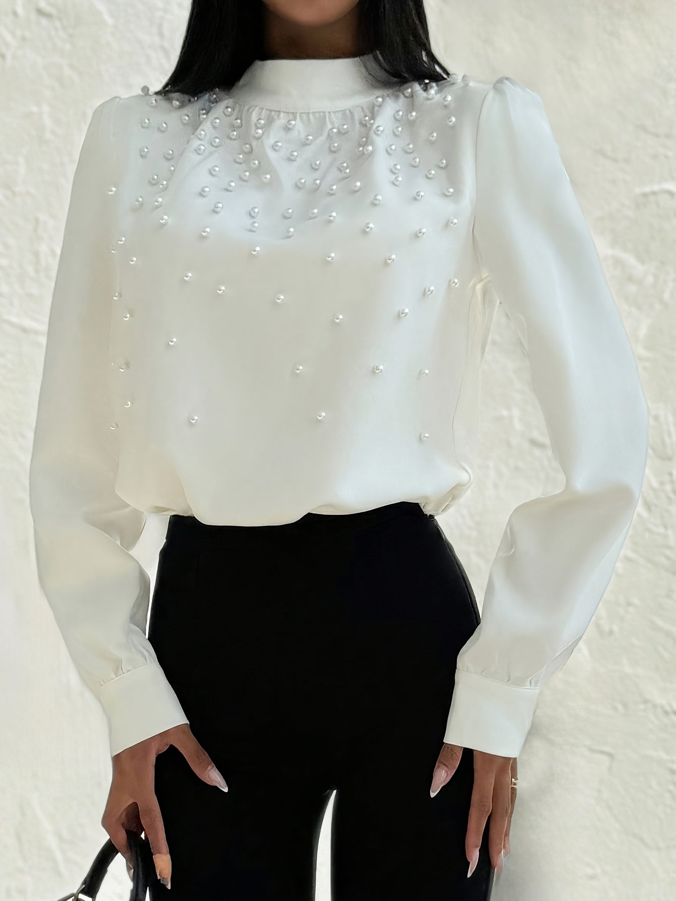 Women's Elegant -Adorned Collar Blouse - Long Sleeve White Shirt with Bead Button Front, Structured Stand Collar & Machine Washable Jacket-like Top for Weddings, Office, Parties (Spring/Fall) - Non-Stretch Adult Clothing, Blo