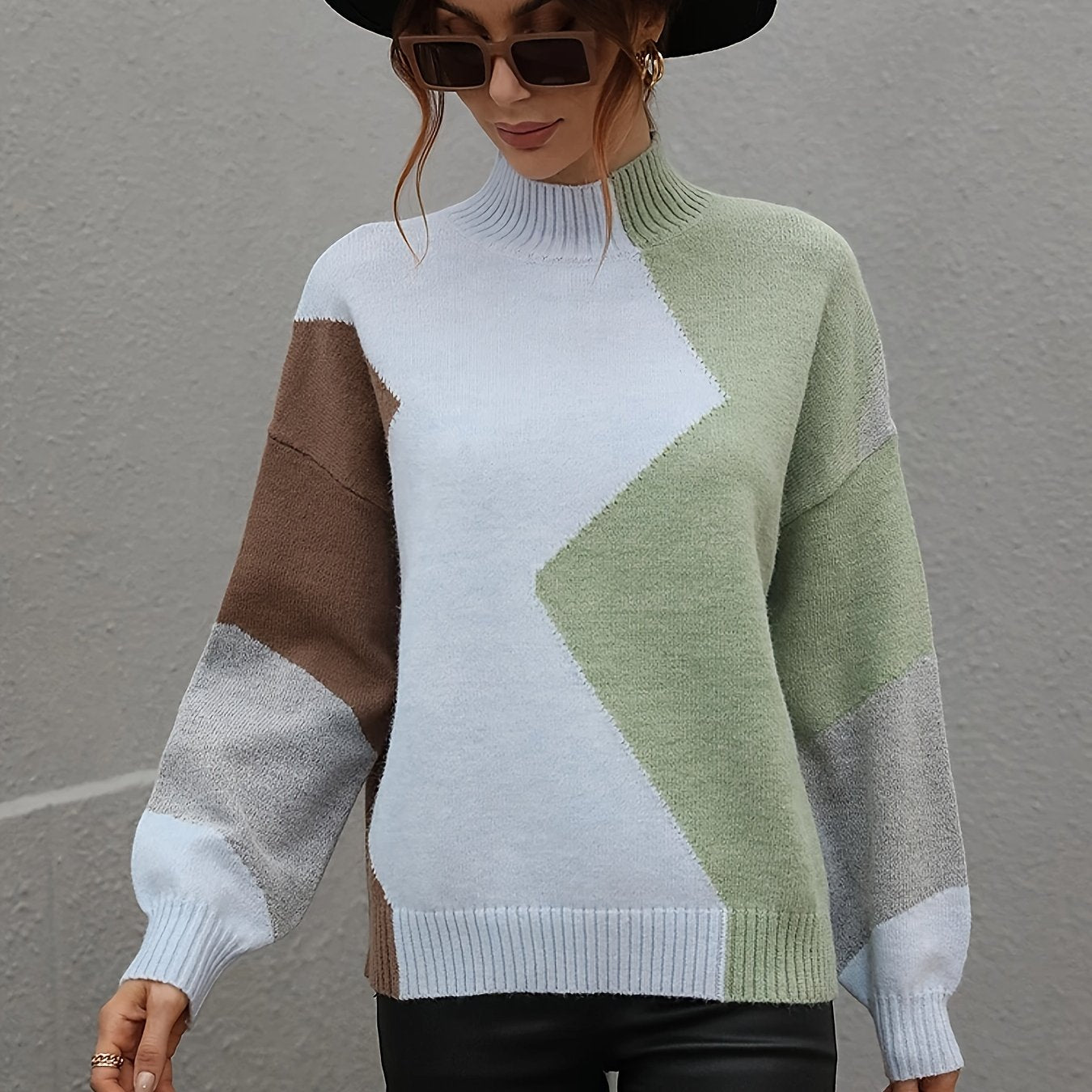 Plus Size Color Block Turtle Neck Sweater, Long Sleeve Elegant Sweater For Spring & Winter, Women's Plus Size Clothing