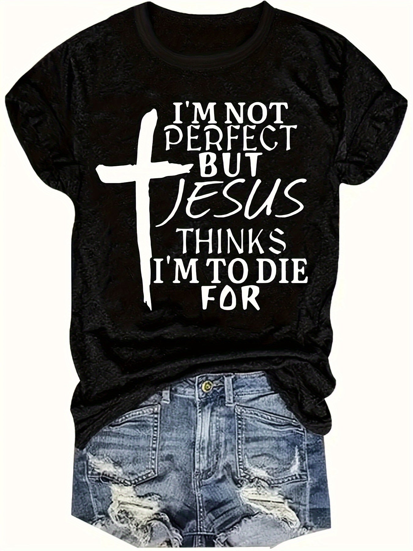 Plus Size Cross & Letter Print T-Shirt, Casual Short Sleeve Top For Spring & Summer, Women's Plus Size Clothing