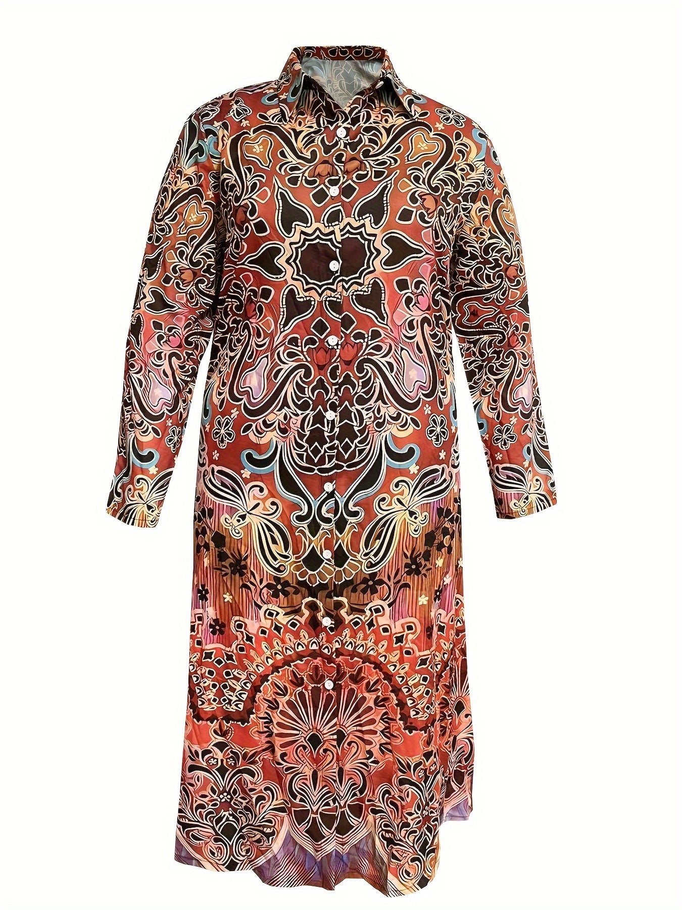 Plus Size Floral Print Shirt, Casual Long Sleeve Button Front Shirt, Women's Plus Size Clothing