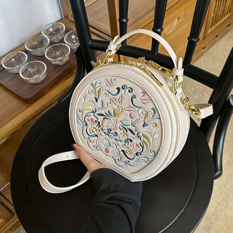 Elegant Floral Embroidered Crossbody Bag - Chic Faux Leather Shoulder Purse with Golden-Tone Hardware, Zip Closure, and Polyester Lining - Handwash/Dry Clean, Multicolor