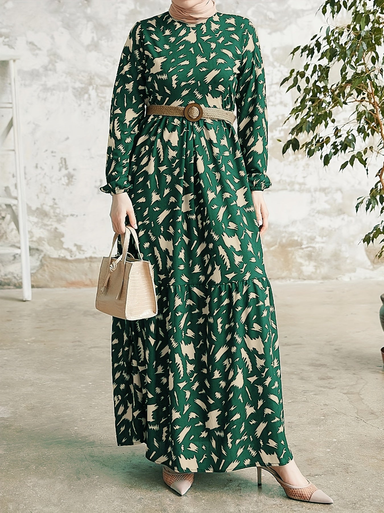 Vibrant Color Block Maxi Dress - Elastic Polyester Crew Neck Modest Dress with Belt, Machine Washable, Random Print, Woven Fabric, Perfect for Spring & Fall, Middle East Style Womens Clothing