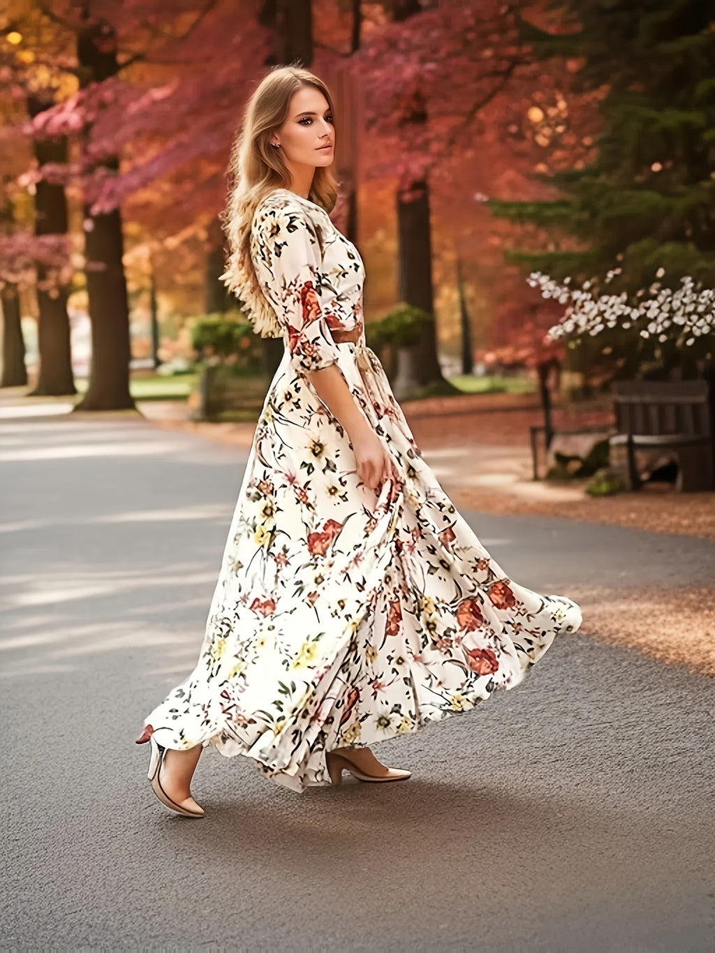 Elegant Women's Floral Print Maxi Dress with Swing Hem, 3/4 Sleeve, Polyester, Round Neck, Woven, All-Season, Middle East Specialty Collection - Adult