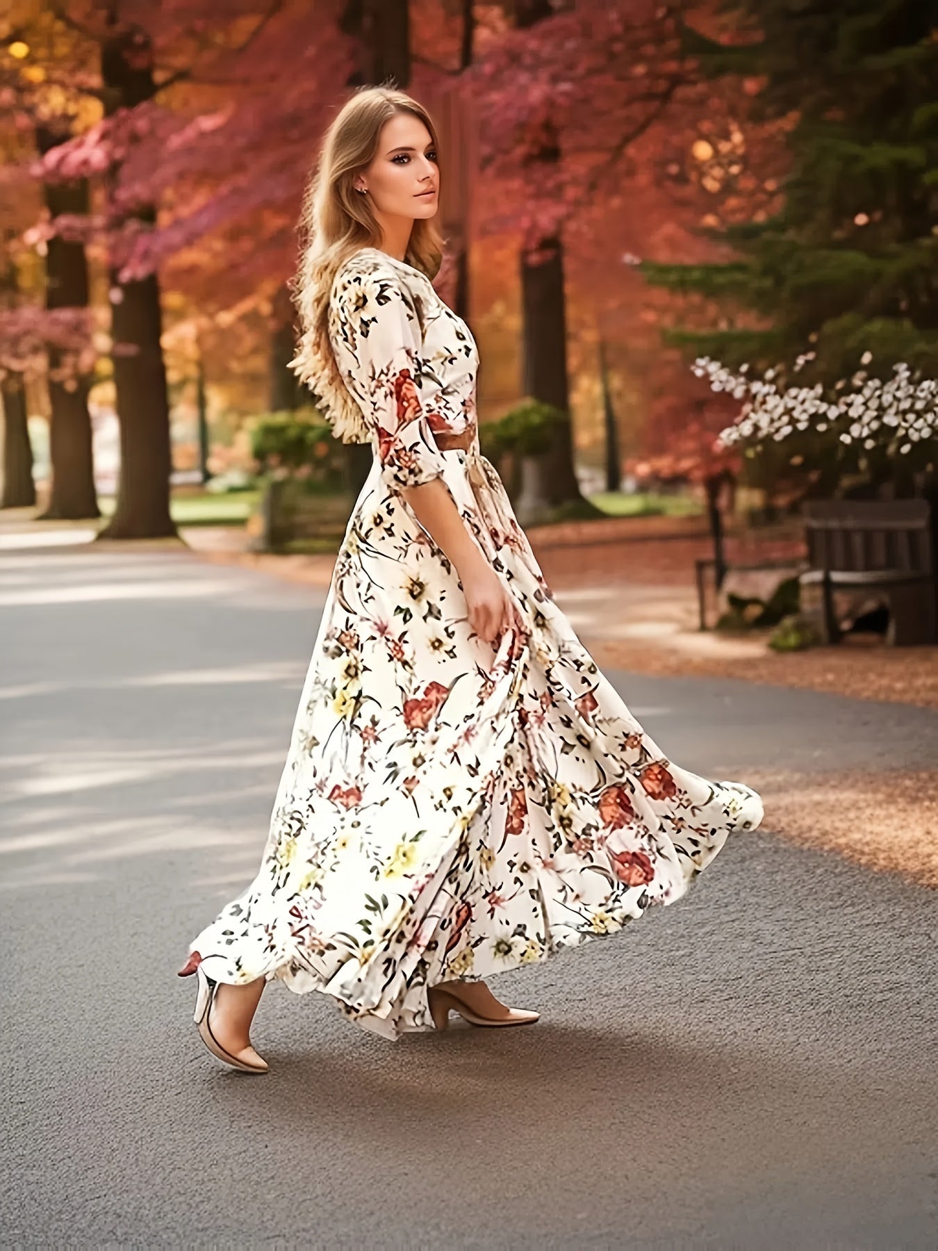 Elegant Women's Floral Print Maxi Dress with Swing Hem, 3/4 Sleeve, Polyester, Round Neck, Woven, All-Season, Middle East Specialty Collection - Adult