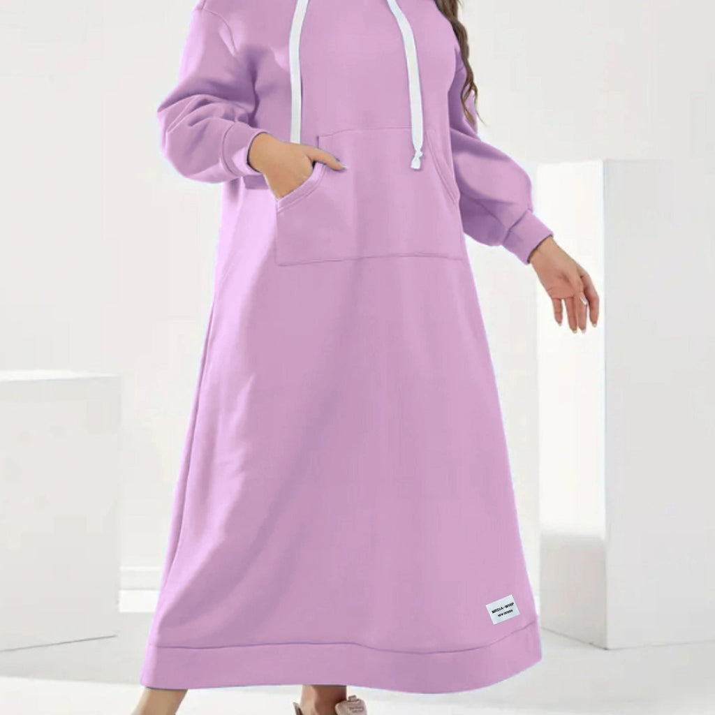 Plus Size Solid Hooded Dress - Soft, Cozy, Long Sleeve with Drawstring Kangaroo Pocket - Casual Maxi Dress for Fall & Winter, Women's Comfortable Plus Size Clothing for Everyday Wear