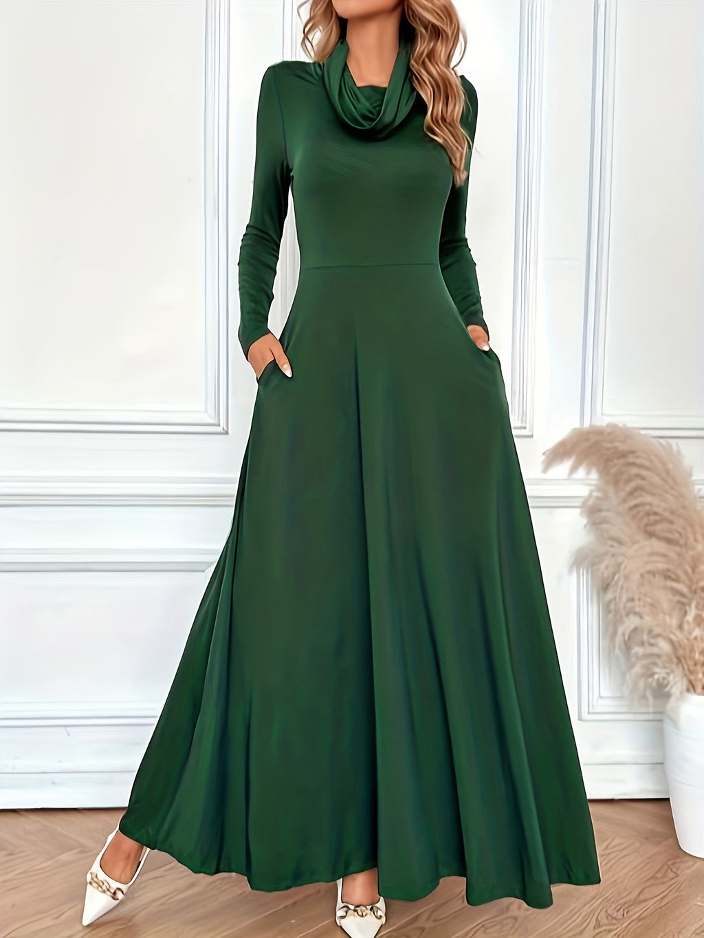 Elegant Solid Color Long Sleeve Maxi Dress with Pockets - Cowl Neck, Stretch Fabric, Machine Washable - Perfect for Spring & Fall, Directional Style, Slim Fit