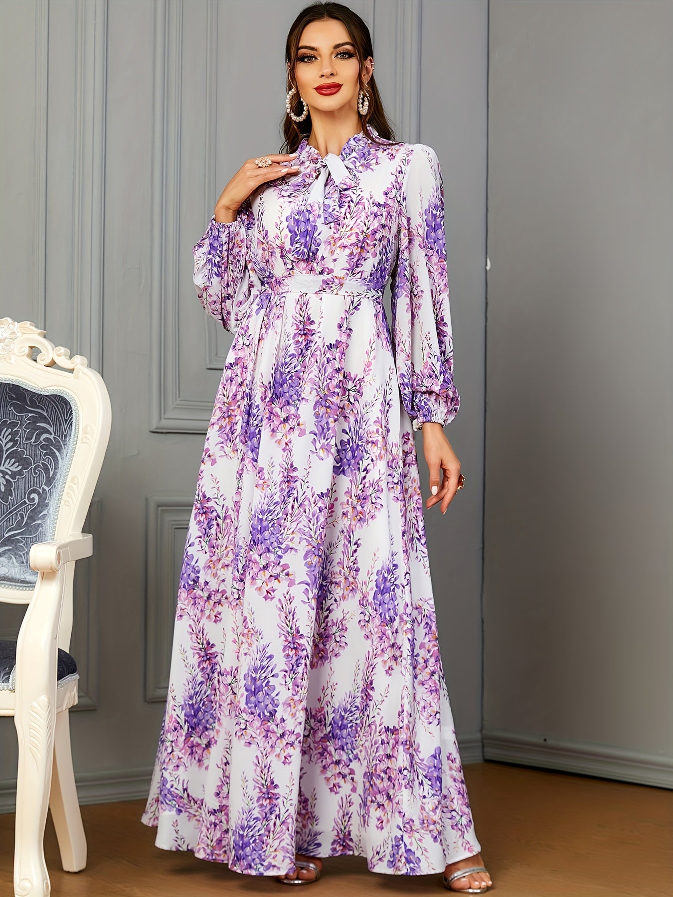 Ramadan Chic - Floral Print Tie Neck Kaftan Abayas - Adjustable Belted Maxi Dress with Full-Length Sleeves - Elegant Womens Ramadan Clothing