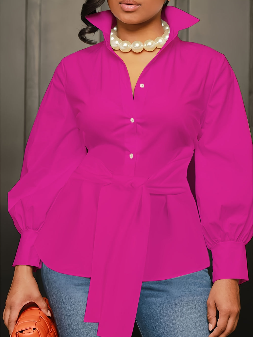 [Plus Size Solid Collar Shirt] Plus Size Solid Collared Shirt, Casual Long Sleeve Button Front Shirt, Women's Plus Size Clothing