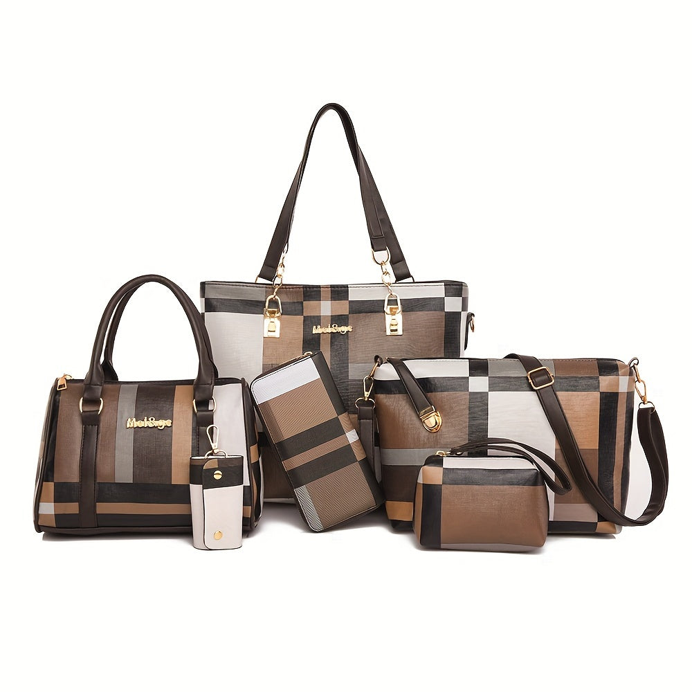 Chic 6-Piece Checkered Handbag Set for Women - Durable Faux Leather Tote, Crossbody & Shoulder Bags - Versatile Style for Everyday Use