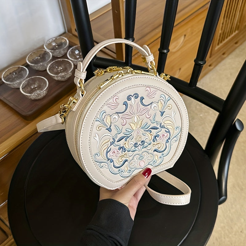 Elegant Floral Embroidered Crossbody Bag - Chic Faux Leather Shoulder Purse with Golden-Tone Hardware, Zip Closure, and Polyester Lining - Handwash/Dry Clean, Multicolor