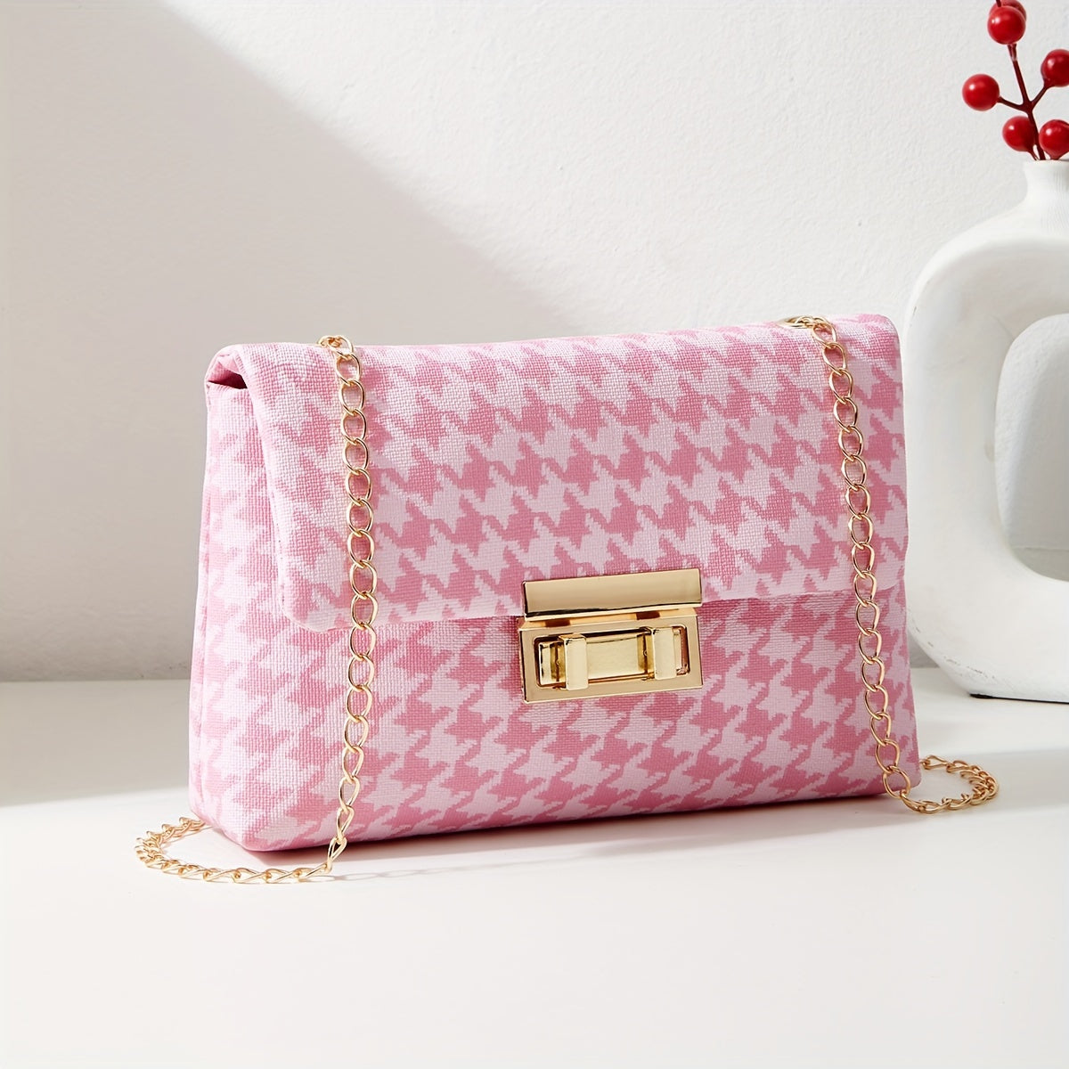 Houndstooth Crossbody Bag, Fashion Chain Shoulder Bag, Women's Flap Square Purse With Lock
