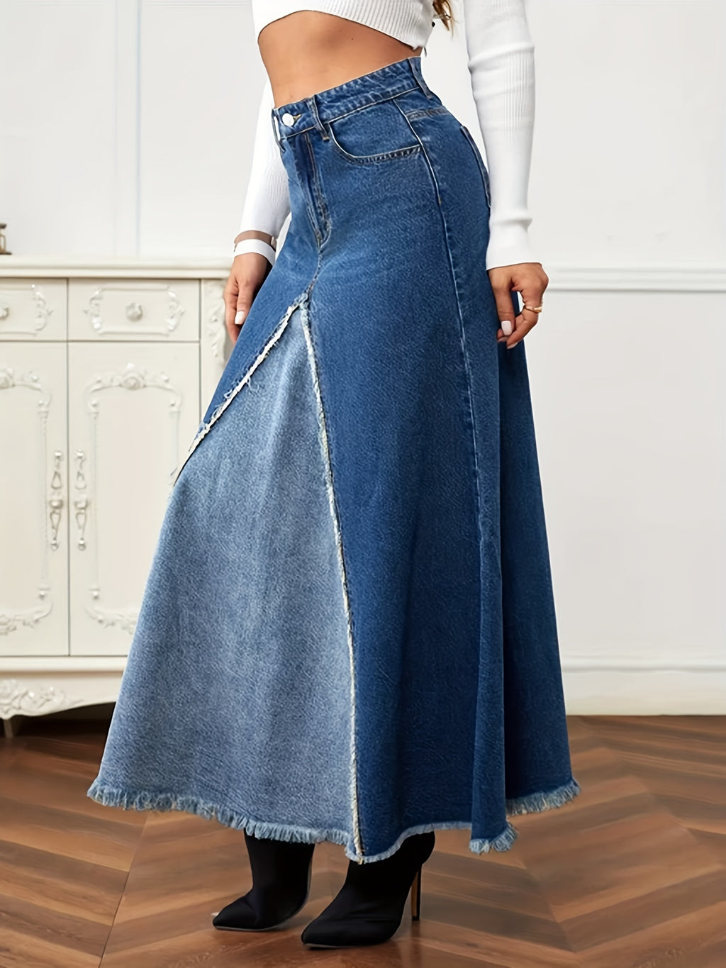 Two Tone Patchwork Denim Midi Skirt, Frayed Hem Slant Pockets Chic Denim Skirt, Women's Denim Clothing